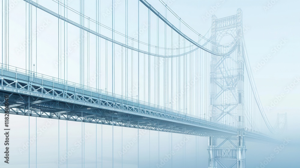 Fototapeta premium Suspension bridge blueprint morphs into 3D. Detailed engineering, architectural visualization. High-precision design coming to life. Misty atmosphere adds drama.