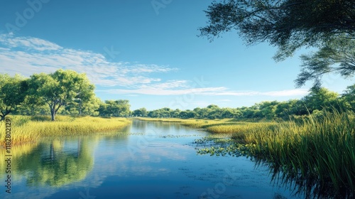 A serene landscape of Gir Forest with a winding river reflecting the clear blue sky, flanked by tall grass and rich biodiversity.