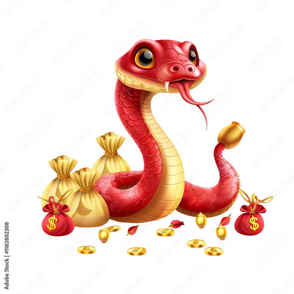 Fototapeta premium A cartoon red snake with big eyes and a forked tongue sits on a pile of gold coins and money bags.