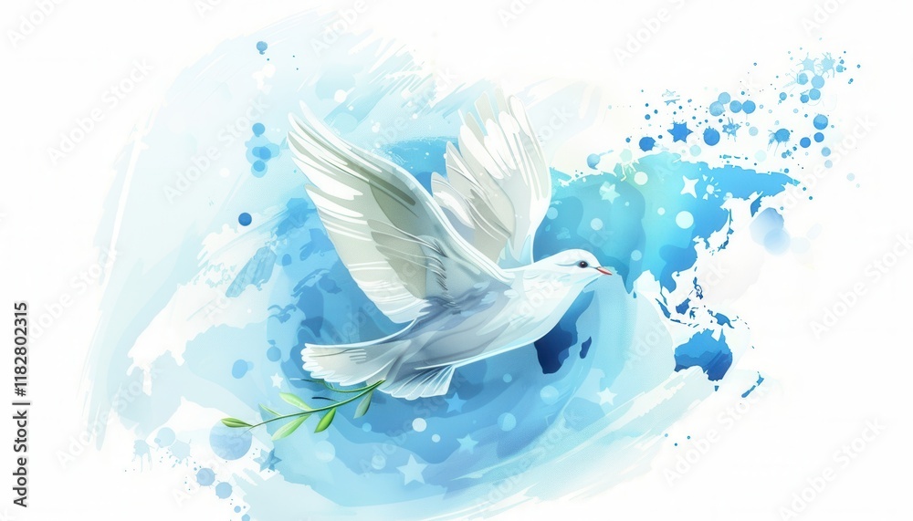 Obraz premium A graceful dove, carrying an olive branch, soars above a soft blue world map. Gentle brushstrokes and pastel hues depict unity and peace for World Peace Day. A symbol of hope.