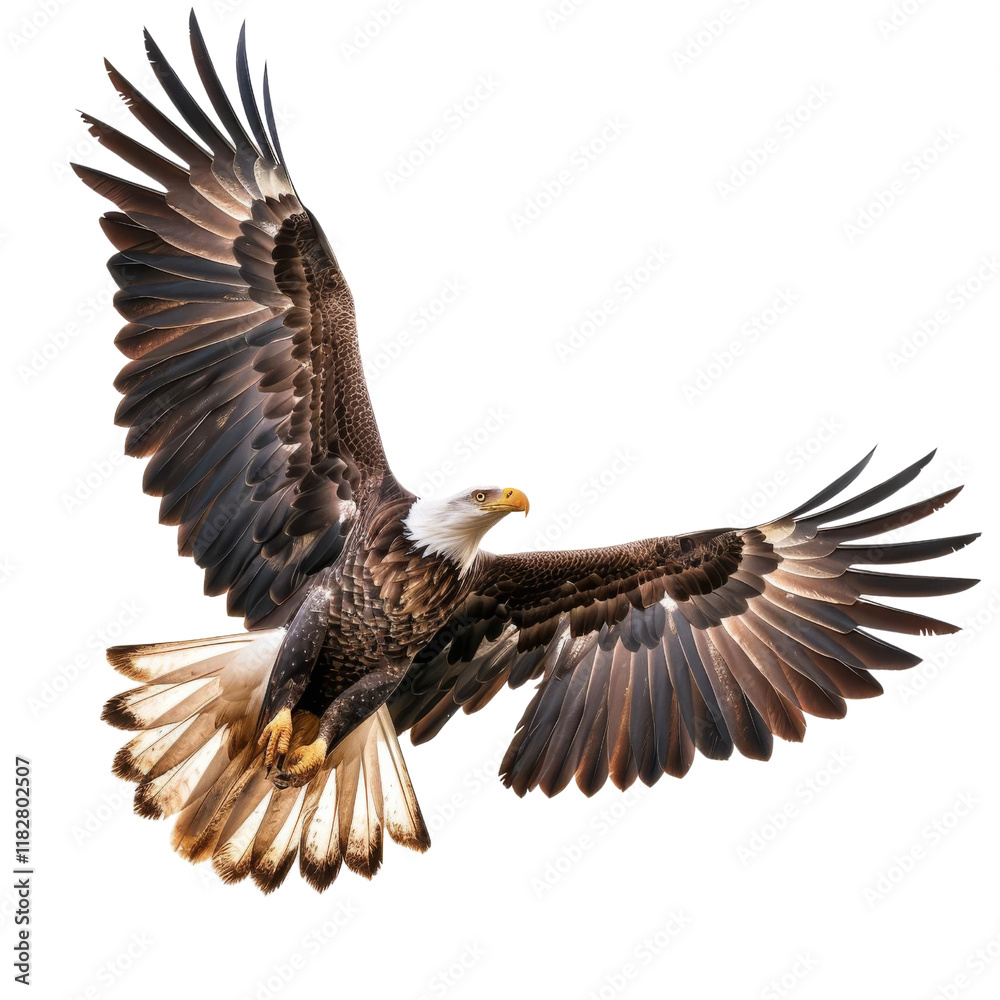 Fototapeta premium Majestic bald eagle soaring with wings spread wide, showcasing its powerful presence and elegance against a transparent background.