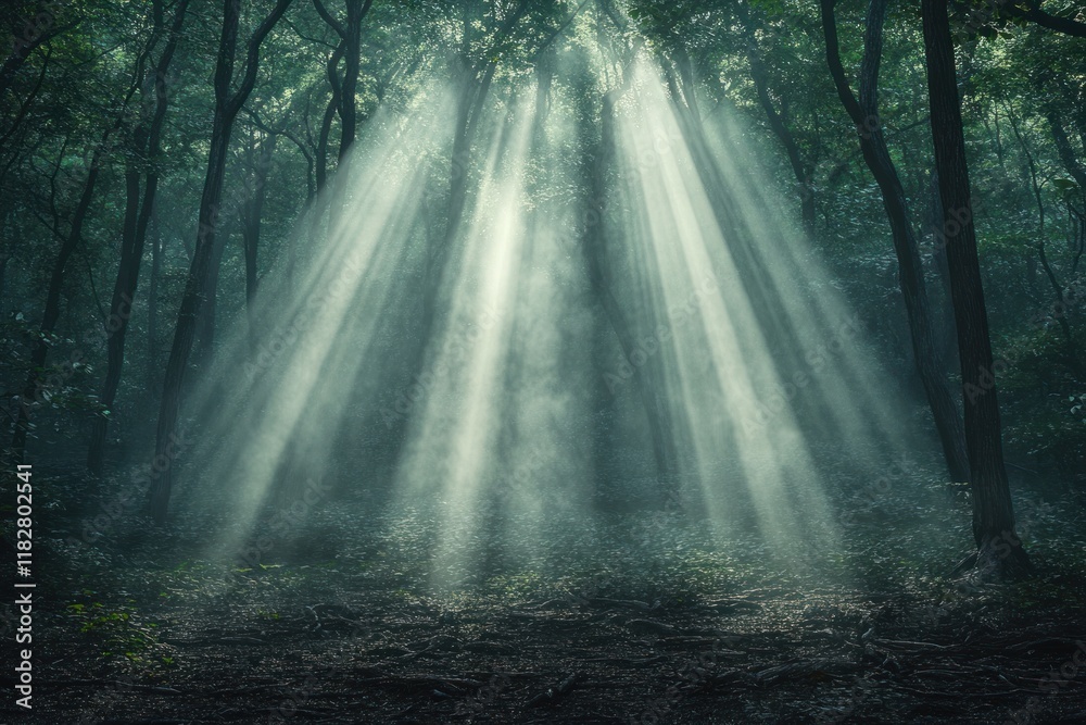 Fototapeta premium Sunlight beams filtering through dense forest canopy in serene natural setting. Generative AI