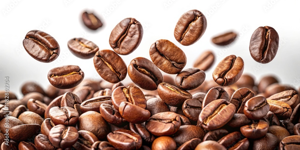 Coffee Packaging Design: Airborne Half-Turn View, Studio Photography, Clean Aesthetic Coffee Packaging Design: Airborne Half-Turn View, Studio Photography, Clean Aesthetic