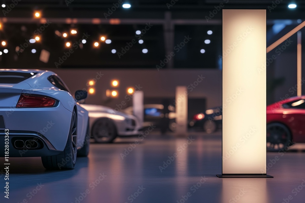 Fototapeta premium Mockup of illuminated banner at car trade show with luxury vehicles in background, perfect for advertising display