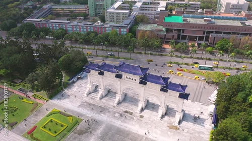 TAIWAN, CHINA - JANUARY 7, 2025: Aerial view of the Chiang Kai-shek Memorial Hall and surrounding gardens in Taipei