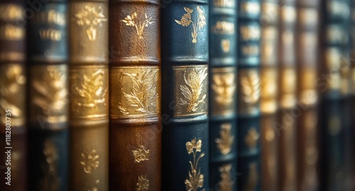 Vintage Books Close-Up with Gold Leaf Designs and Warm Nostalgia photo