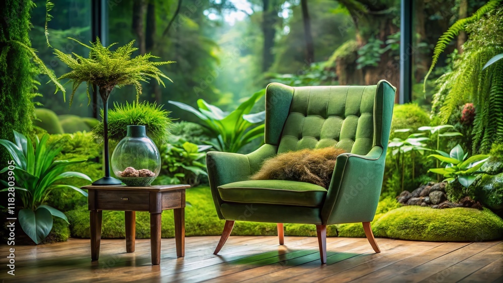 Elegant Green Armchair in Mossy Glass Terrarium - Botanical Interior Design Stock Photo Elegant Green Armchair in Mossy Glass Terrarium - Botanical Interior Design Stock Photo
