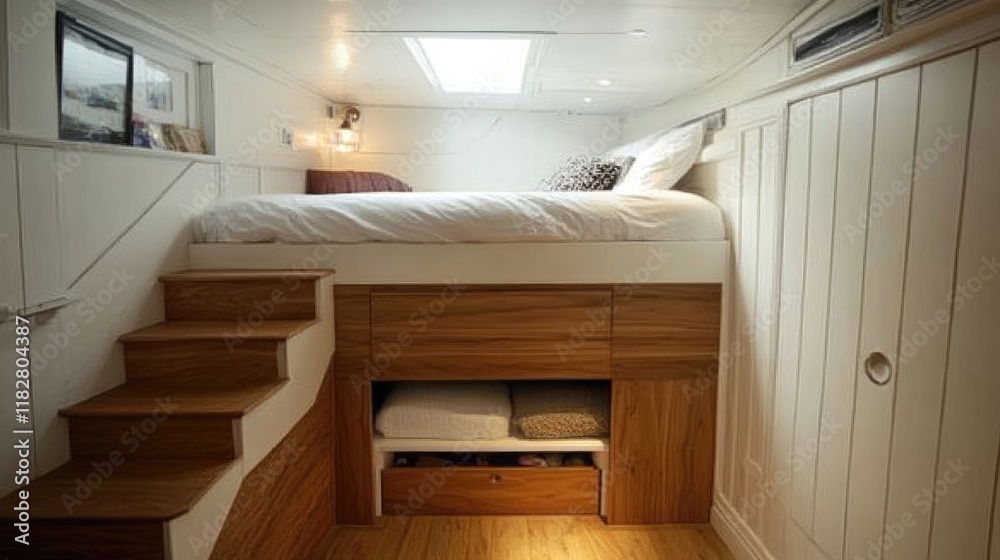 A small apartment bedroom with under-bed storage and a minimalist wardrobe. A small apartment bedroom with under-bed storage and a minimalist wardrobe.