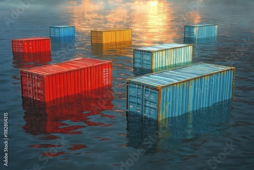 Shipping Container Floating in Calm Water Surrealism Cargo Lost in Sea Ocean Cargo Insurance Concept photo