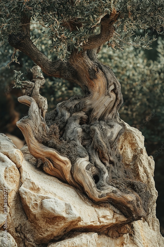 A beautifully twisted olive tree emerges from rugged rocks. A beautifully twisted olive tree emerges from rugged rocks.