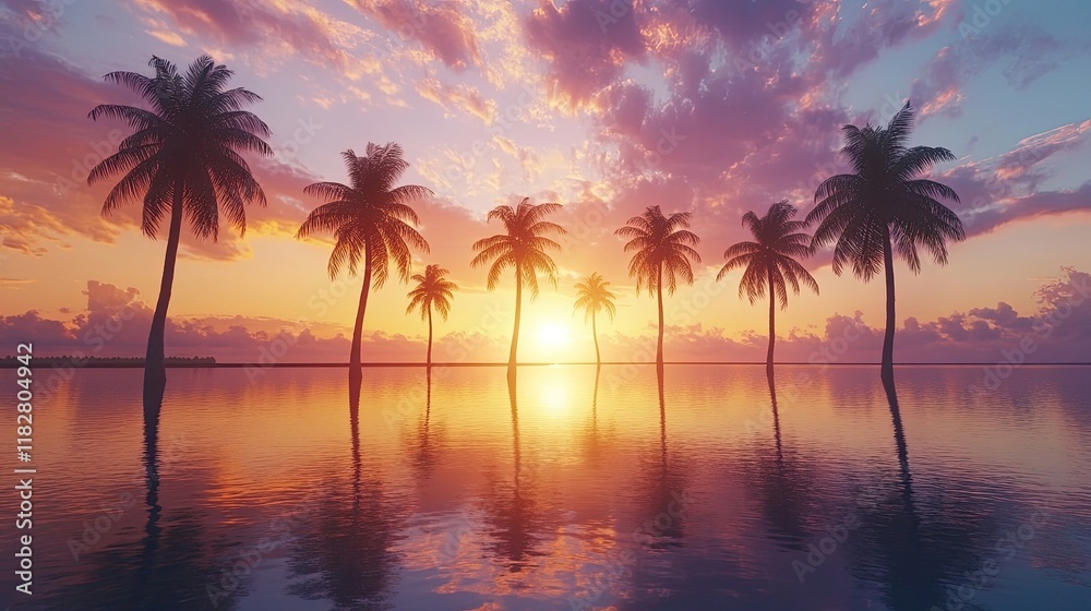 A peaceful sunrise view with palm trees silhouetted against a colorful sky, reflecting in the calm waters of a nearby bay, creating a serene ambiance. A peaceful sunrise view with palm trees silhouetted against a colorful sky, reflecting in the calm waters of a nearby bay, creating a serene ambiance.