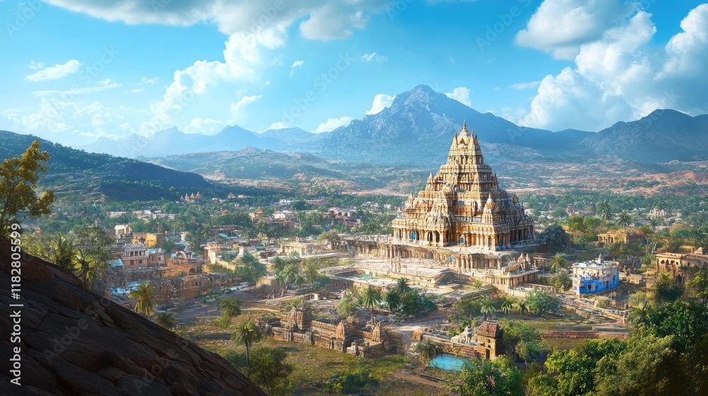 A panoramic view of Ramdara Temple from a hilltop, showcasing its majestic structure against a backdrop of vibrant blue skies and distant mountains. A panoramic view of Ramdara Temple from a hilltop, showcasing its majestic structure against a backdrop of vibrant blue skies and distant mountains.