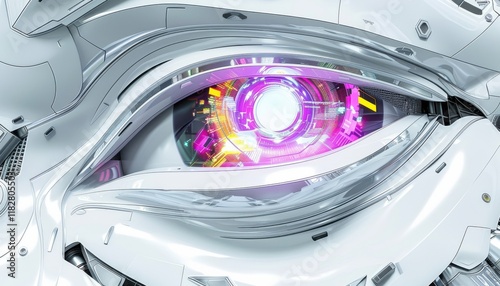 Futuristic robotic eye. Vibrant digital iris glows with crisp lines & hues.  Modern tech backdrop. Sophisticated clarity. photo