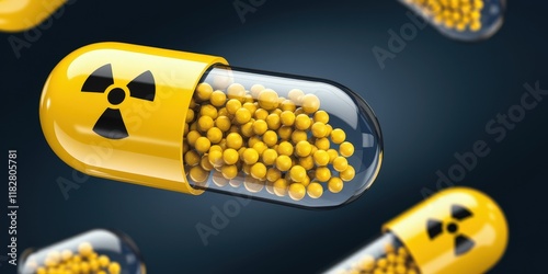 Nuclear medicine concept. Yellow capsules with radioactive symbols, representing danger and caution