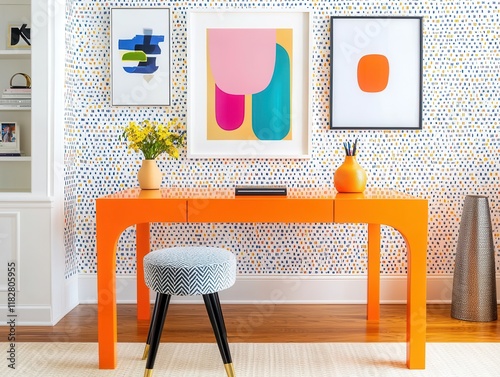 Maximalist home office with bold geometric wallpaper