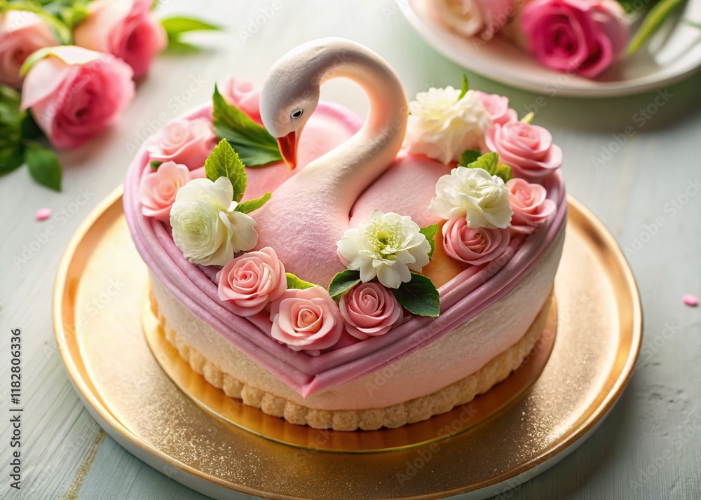 Elegant Pink Swan Heart Shaped Cake Dessert Food Photography Elegant Pink Swan Heart Shaped Cake Dessert Food Photography