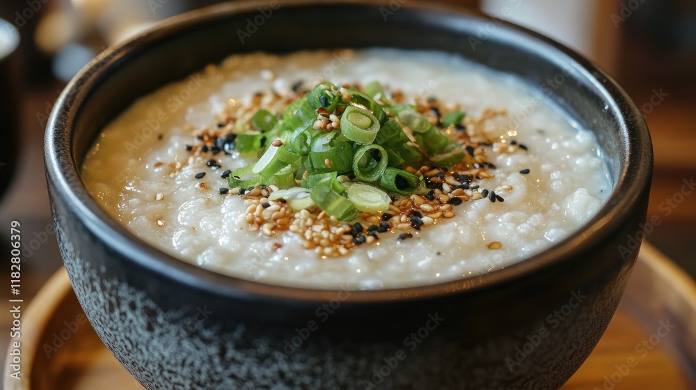 A warm bowl of congee with a topping of green onions and sesame oil. A warm bowl of congee with a topping of green onions and sesame oil.