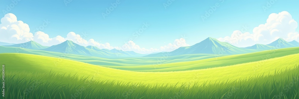 Fototapeta premium Lush green rolling hills stretch out under a clear blue sky with fluffy white clouds