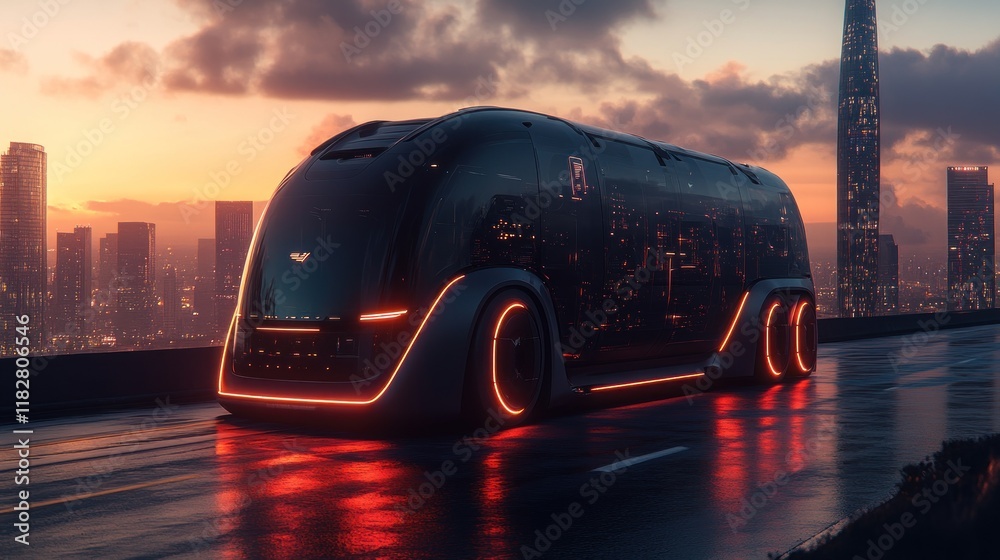 Obraz premium Futuristic autonomous vehicle illuminated on a rainy city street at sunset.