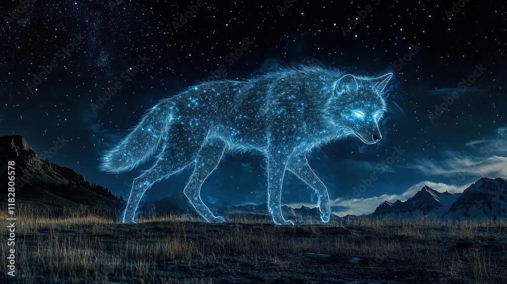 Fototapeta premium Ethereal wolf made of stars walking through a night sky