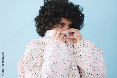 Woman hide in warm jacket photo