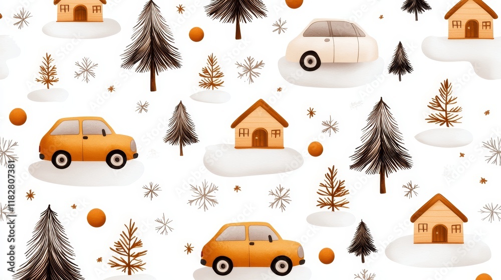 Naklejka premium vintage holiday pattern, retro cars, cozy cabins among trees, soft faded tones, charming nostalgic feel, isolated on white background