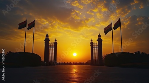A dramatic sunset over the Wagah Border, with silhouettes of the flagpoles and the border gates, creating a peaceful yet powerful atmosphere.