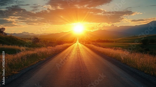 Straight Road in Sunset Landscape Concept for New Beginnings and Future Aspirations