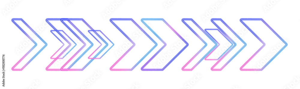 Neon arrows pointing right on transparent background with shining blue and pink effects. A modern design for speed, expressway, and computer game themes. Ideal for use in banners, covers, and flyers. Neon arrows pointing right on transparent background with shining blue and pink effects. A modern design for speed, expressway, and computer game themes. Ideal for use in banners, covers, and flyers.
