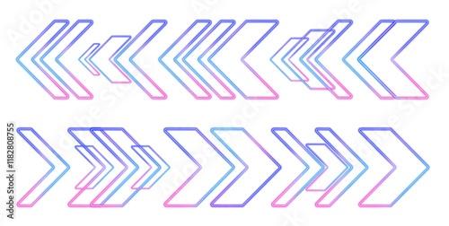 Set of glowing neon arrows on dark blue background. Shining directional arrows for speed, expressway, and game style. Perfect for banners, posters, and neon sign animations.