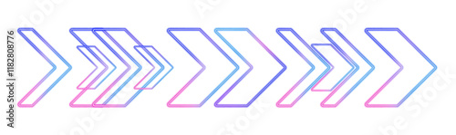 Neon arrows pointing right on transparent background with shining blue and pink effects. A modern design for speed, expressway, and computer game themes. Ideal for use in banners, covers, and flyers.