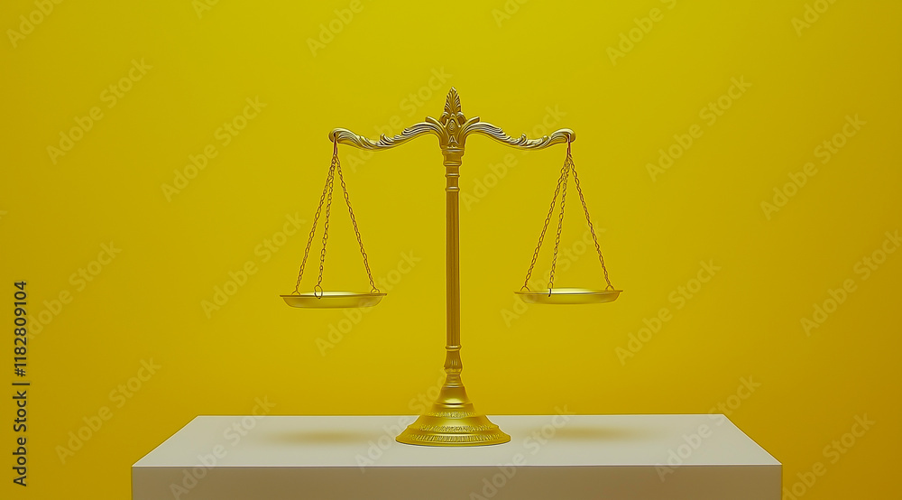 Golden scales of justice on a bright yellow background, symbolizing fairness.
Golden scales of justice on a bright yellow background, symbolizing fairness.