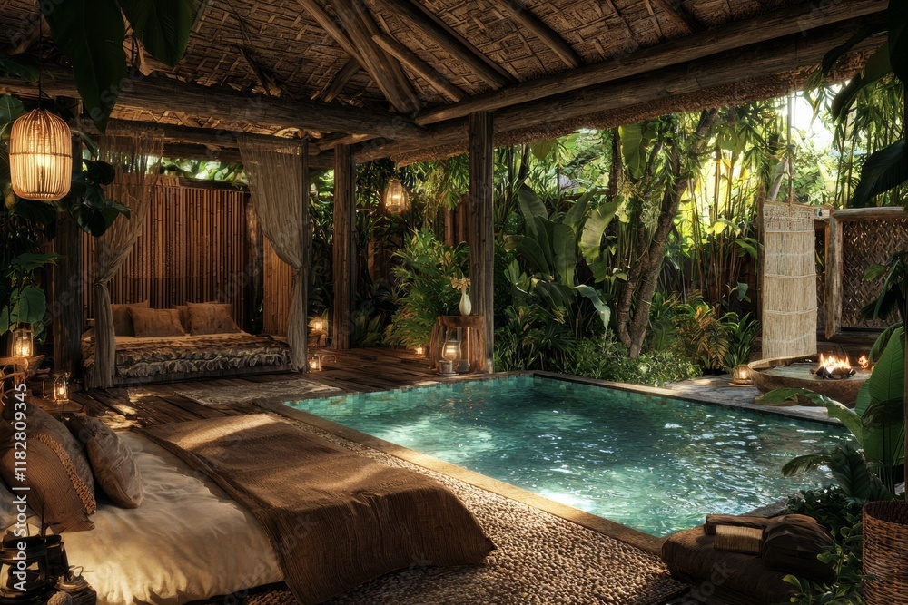 custom made wallpaper toronto digitalNestled on the brink of a verdant jungle in Bali, a small private swimming pool shimmers in the warm morning sunlight, encircled by vibrant green tropical plants, while a wooden sofa beckons