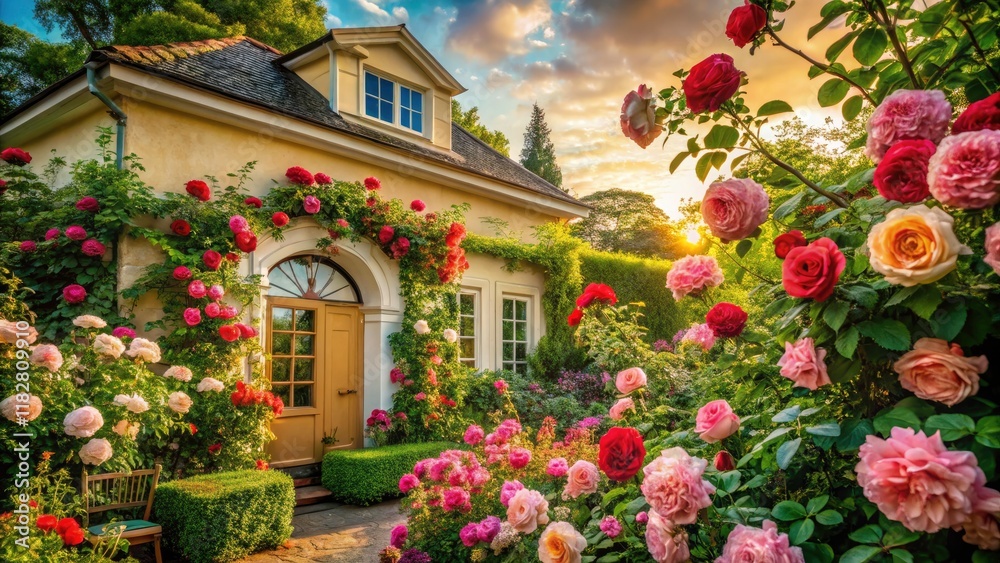 Naklejka premium Elegant Architectural Photography Featuring Hand-Painted Roses in a Serene Garden Setting with Vintage Elements and Natural Light for a Timeless Aesthetic