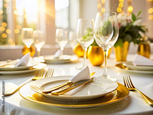 Elegant Wedding Reception Table Setting Silhouette - Gold Cutlery & White Dishes