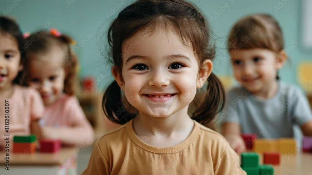 Happy girl smiling in colorful classroom, playing with friends and building blocks, showcasing joyful early childhood education and creativity in preschool.