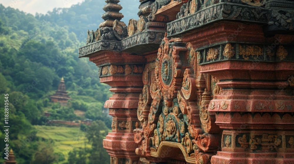 Fototapeta premium A close-up of the templea??s intricately designed entrance, showcasing the detailed carvings and vibrant colors of the structure against a backdrop of rolling hills.