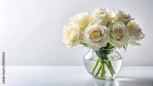 Elegant White Roses in Clear Glass Vase - Pure White Background Stock Photo
