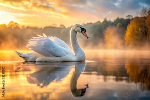 Elegant White Swan Gracefully Floating on Serene Lake at Dawn