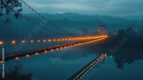 A beautifully illuminated suspension bridge at twilight, reflecting on the serene river below, with misty hills in the distance.