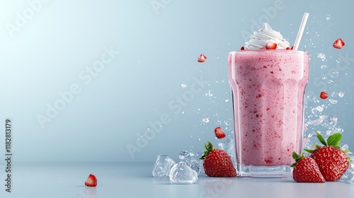 Creamy strawberry shake with crushed ice and whipped topping, artistically styled on a grey surface, photorealistic detail