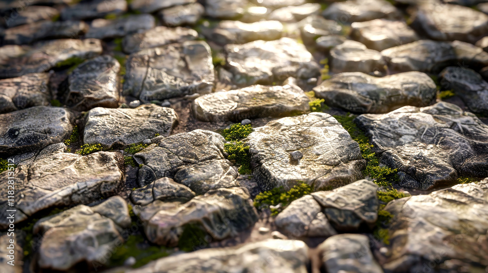 Close-up shot captures the intricate details of ancient stone textures highlighted by sunlight, showing moss growth and wear Close-up shot captures the intricate details of ancient stone textures highlighted by sunlight, showing moss growth and wear