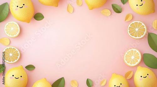 Whimsical lemon fruits with smiling faces, cartoonish style on a pastel background, perfect for children's designs or playful themes photo