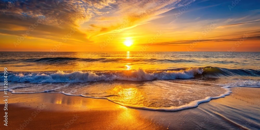 Obraz premium Golden Horizon Sunset: Minimalist Ocean Wave Photography