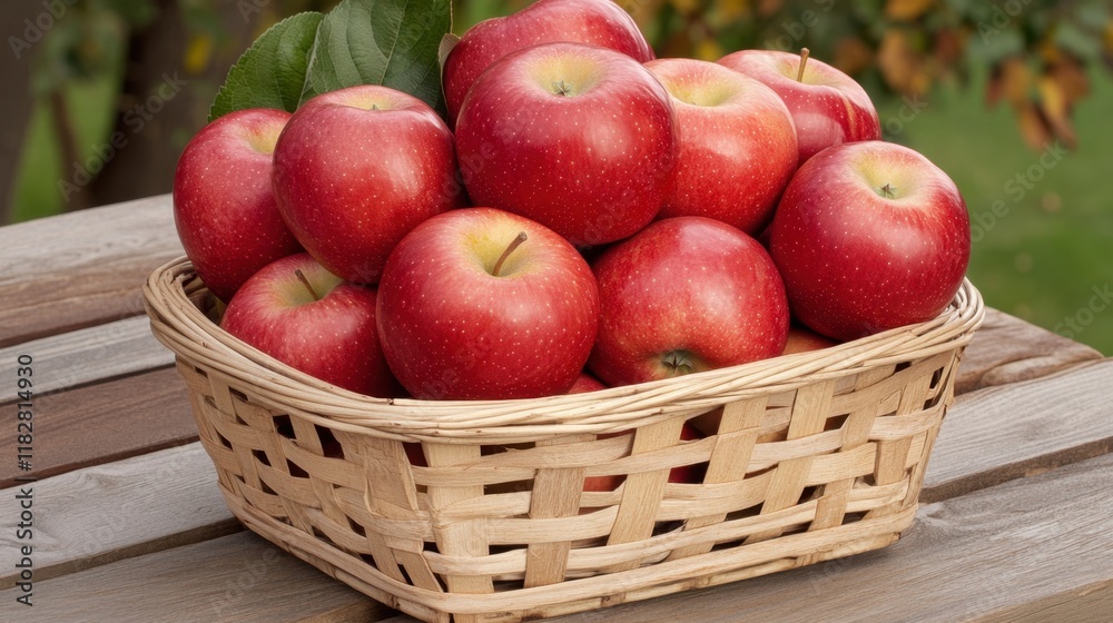 A basket full of ripe apples resting on a wooden table with a natural background. A basket full of ripe apples resting on a wooden table with a natural background.