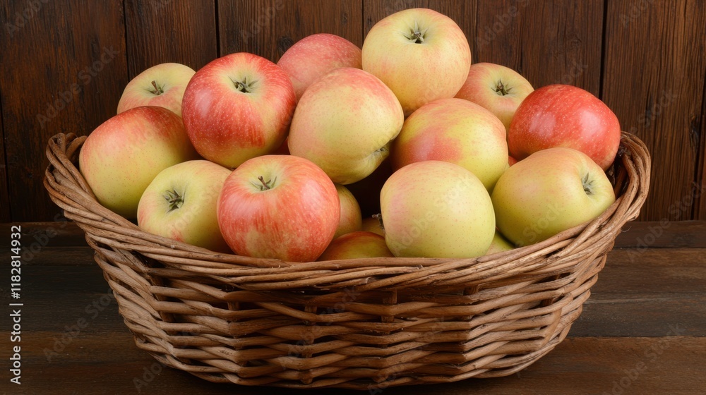 A basket full of ripe apples resting on a wooden table with a natural background. A basket full of ripe apples resting on a wooden table with a natural background.