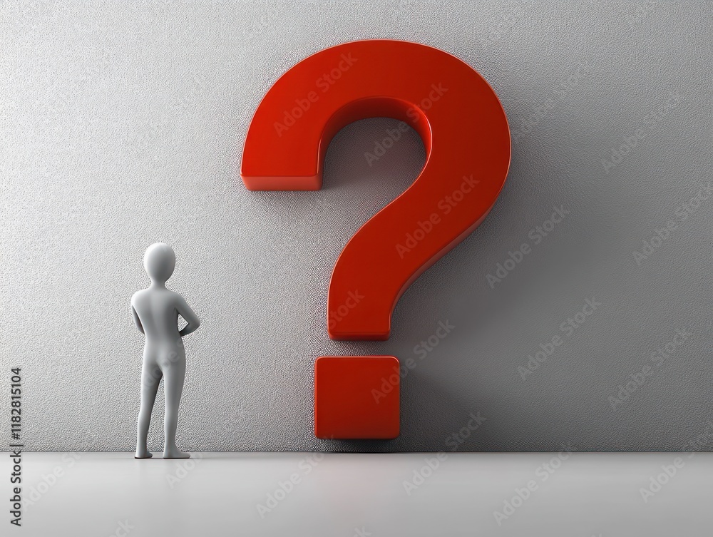 Thoughtful 3D Figure Next to Large Red Question Mark in Minimalist Style with Ambient Lighting Thoughtful 3D Figure Next to Large Red Question Mark in Minimalist Style with Ambient Lighting