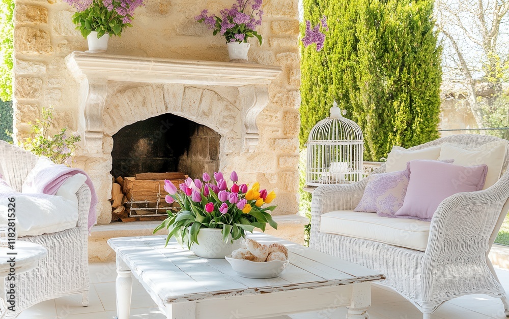 Fototapeta premium Shabby chic courtyard with stone fireplace and tulips