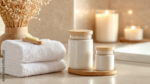 Wellness product set in cozy bath setting, warm lighting, natural textures, clean and spacious area for ad design, soothing and inviting