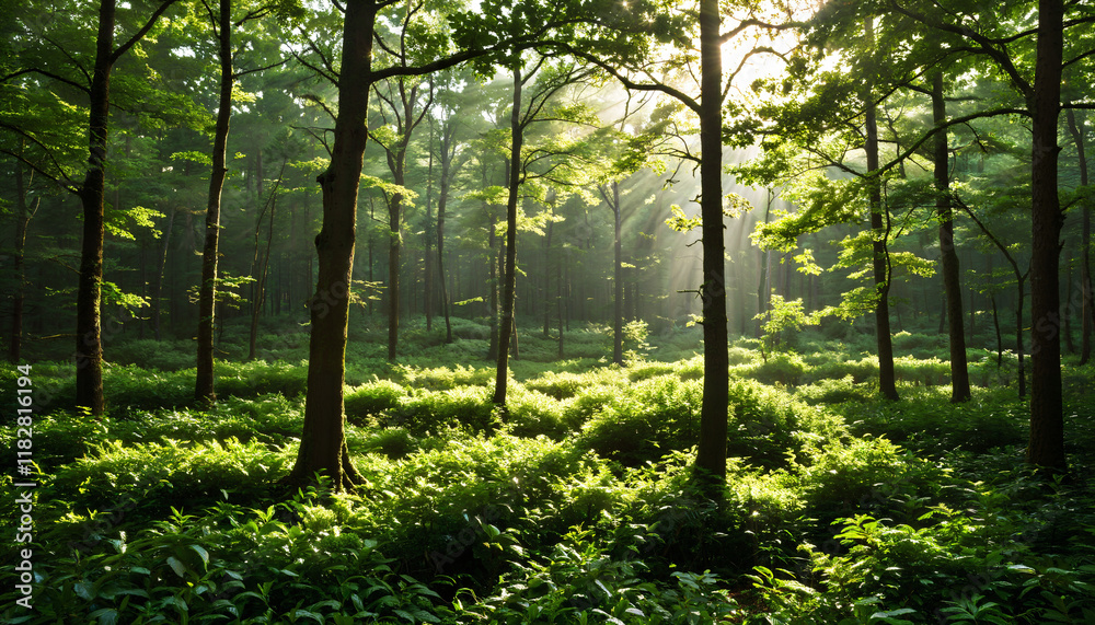 Obraz premium Rayons de soleil à travers la forêt verdoyante